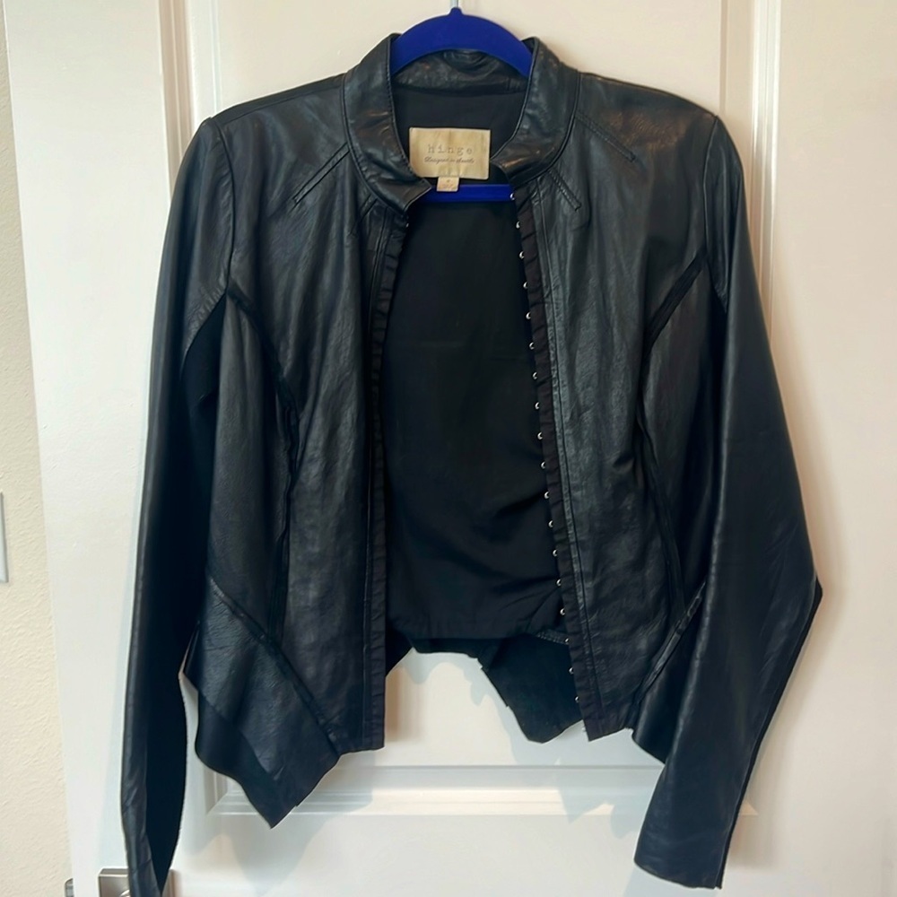 Hinge Leather Peplum Asymmetrical Black Jacket
